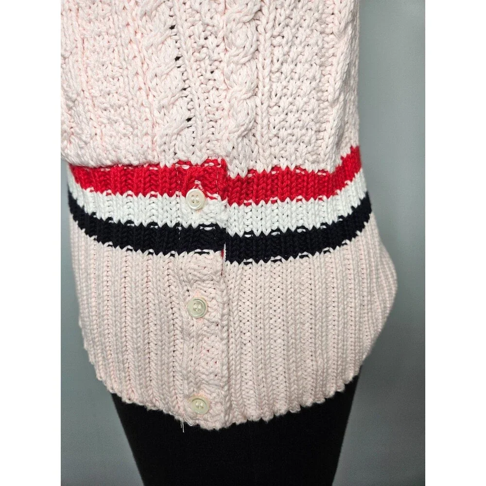 BONNER of IRELAND Women's Cable Knit Cardigan Sweater Medium Pink Striped Preppy - Picture 3 of 12